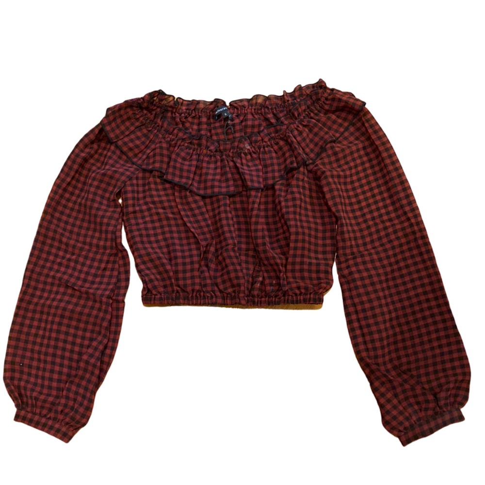 NWT Olivaceous Plaid Ruffled Lantern Sleeve Off Shoulder Sheer Blouse - Sz S